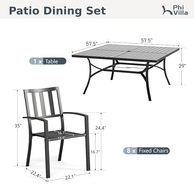 PHI VILLA 9 Pieces Outdoor Dining Set for 8, 57.5” Square Black Metal Table with Umbrella Hole & Stackable Iron Chairs, Large Outside Furniture Set for Patio, Deck, Yard, Porch