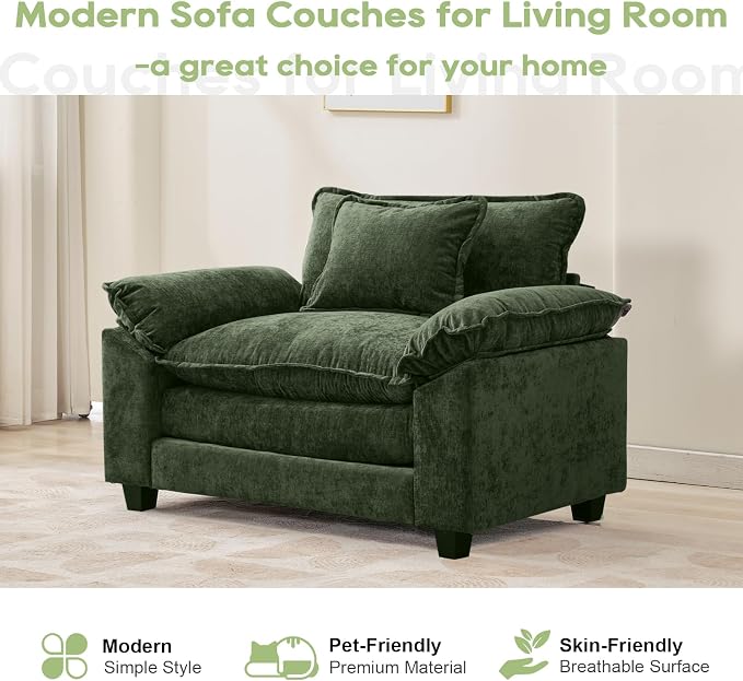 Oprisen Modular Sectional Sofa, Comfy Cloud Couch Sectional Sofa, Chenille Sofa Sleeper Deep Seat Sofa with Throw Pillows for Living Room (Green, 53"- Single Seat)