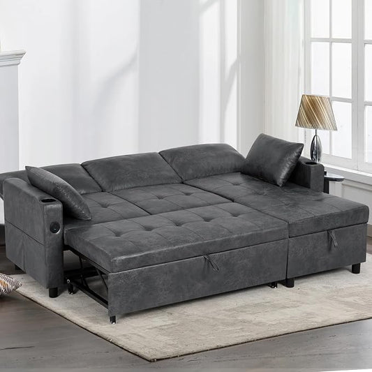 84 inches Suede Leather Sleeper Sofa w/Pull Out Bed, L-Shape Sectional Sofa Bed w/Adjustable Backrest and Storage Chaise, 3-Seats Upholstered Sofa Bed w/USB Port for Living Room, Grey