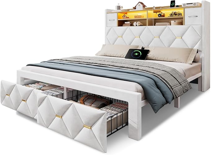 DWVO Full Size Bed Frame with 2 Storage Drawers and Storage Headboard, Upholstered Platform with Charging Station and LED Light, No Box Spring Needed, Noise Free, Easy Assembly, Velvet White