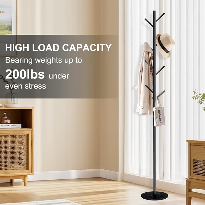 Coat Rack with Natural Marble Base, Metal Freestanding Coat Rack with 8 Hooks, Heavy Duty Coat Hanger Stand for Entryway, Office, Bedroom,Dorm for Coats, Hats, Handbags and Scarves(Black)