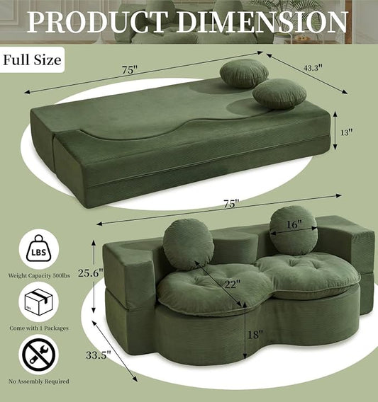 75” Full Size Convertible Sleeper Sofa Bed, Boneless Folding Futon Loveseat Sofa with 2 Pillows, High Density Foam Compressed Foldable Guest Couch for Living Room Apartment (Green Corduroy)