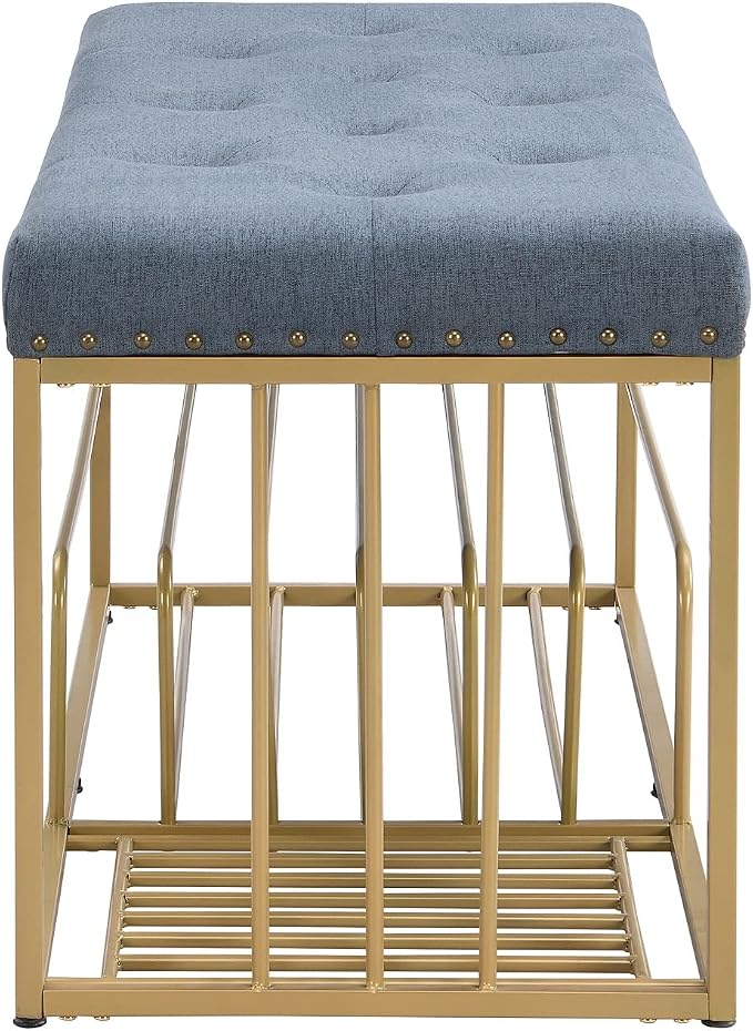 Upholstered Shoe Storage Bench-Nailhead Trim Linen Ottoman Bench with Shoes Rack for End of Bed Entryway Window Bedroom Living Mudroom Room,Blue