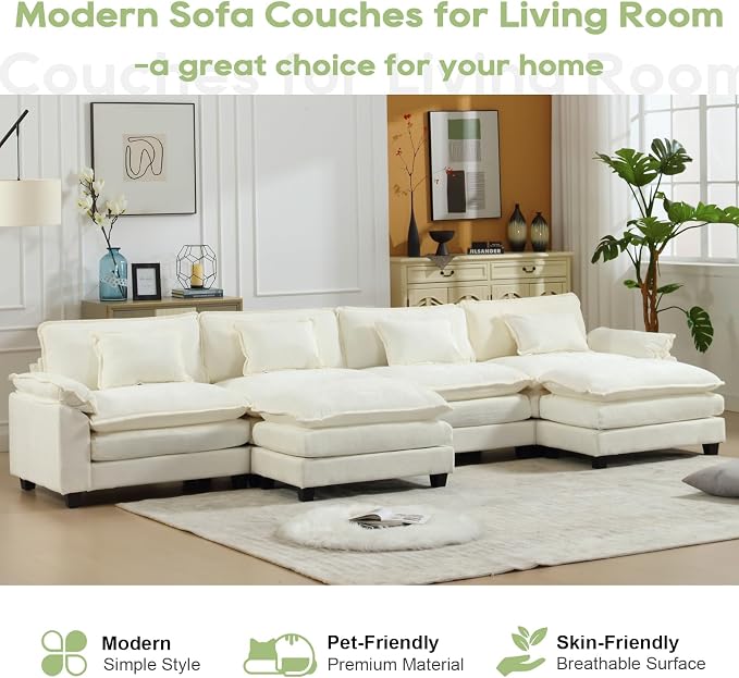 Oprisen 154" Modular Sectional Sofa, Comfy Cloud Couch Sectional Sofa with Ottoman, Chenille Sofa Sleeper Deep Seat Sofa with Throw Pillows for Living Room (Beige White, 154"- U Shape)