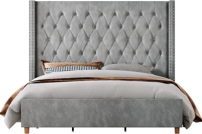 Jocisland Queen Bed Frame 61.4" Tall Headboard Velvet upholstered,Cream | Full Back Support Wingback Headboard,Deep Button Tufted Hand-crafted Pleats,Squeak-Free Sleep,Solid Wood Legs,Easy Assembly
