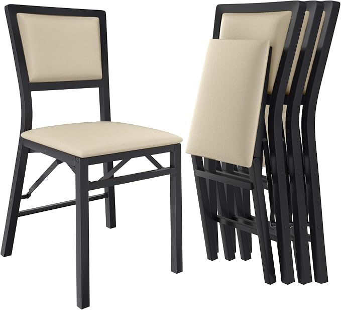 VECELO Folding Dining Chairs Set of 4, Metal Padded Foldable Seating with Comfortable Faux Leather, Space-Saving Portable Guest Seats for Kitchen & Office, No Assembly, Creamy Beige