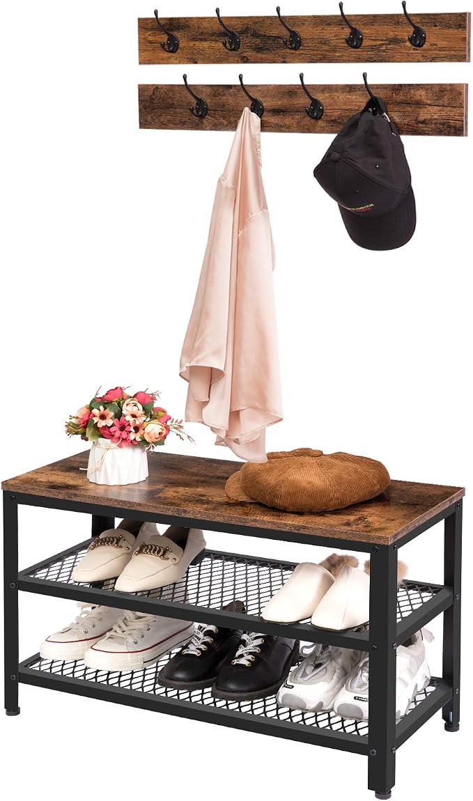 HOOBRO Hall Tree Entryway Storage Bench, Coat Rack Shoe Bench, Shoe Rack Organizer with Coat Hooks, 3-in-1 Design, Wooden Furniture with Metal Frame, Rustic Brown and Black BF17MT01