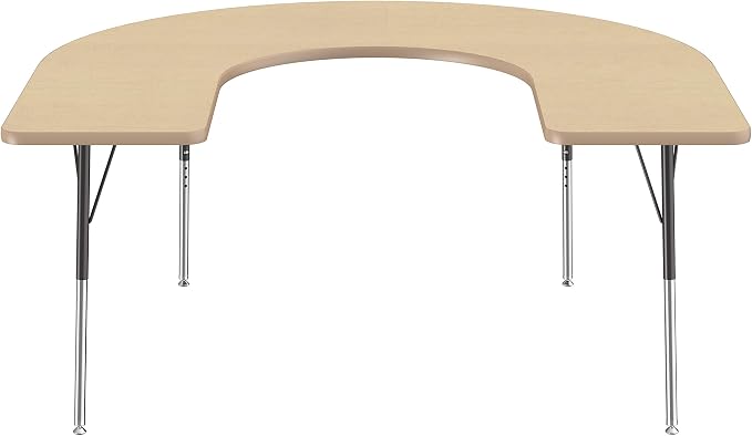 FDP Horseshoe Activity School and Office Table (60 x 66 inch), Standard Legs with Swivel Glides for Collaborative Seating Environments, Adjustable Height 19-30 inches - Maple Top and Maple Edge
