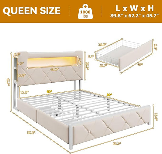 Queen Upholstered LED Bed Frame with 2 Storage Drawers and 2-Tier Storage Headboard,Velvet Princess Platform Bed with Charging Station&Bookcase,Heavy Duty Metal Support,No Box Spring Needed,Beige