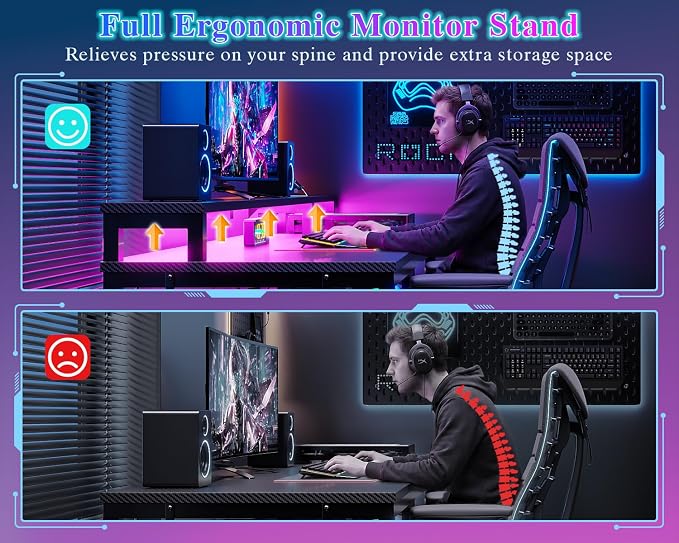 Furologee 55" Gaming Desk with LED Lights & USB-C Port, Reversible Computer Desk with Monitor Stand, Storage Shelves & 2 Fabric Drawers, Gaming Table with Power Outlets & Hooks, Carbon Fiber Black