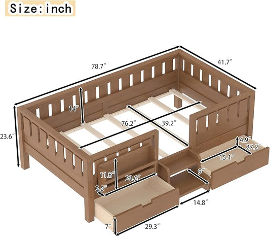 Bellemave Twin Kids Montessori Bed with Stairs, Bookshelf and Drawers, Solid Wood Kids Bed Frame with Storage for Boys Girls, Low Profile,Natural
