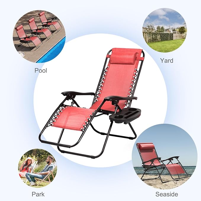 Nazhura Set of 2 Relaxing Recliners Patio Chairs Adjustable Steel Mesh Zero Gravity Lounge Chair Beach Chairs with Pillow and Cup Holder Khaki (Pink)