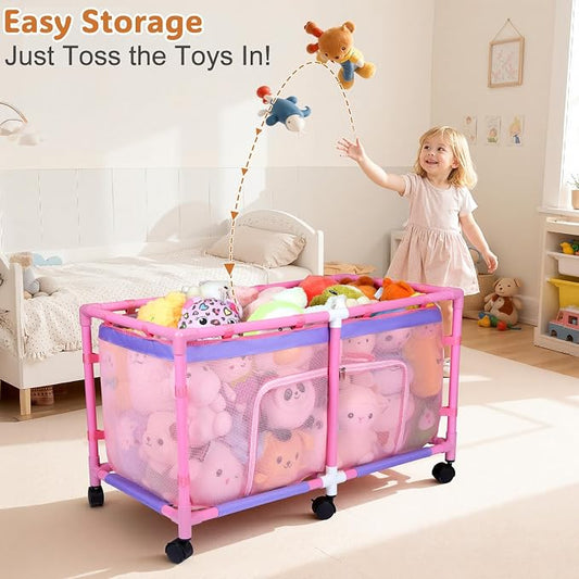 FIOBEE Toy Box for Girls Boys with See-Through Mesh & 360° Rotating Wheels Toy Chest Organizer Easy Install Stuffed Animal Storage for Nursery Playroom Toy Storage Bin, Pink