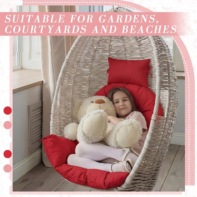 Tudomro Red Waterproof Egg Chair Cushion with Pillow Filling 2.58 kg Replacement Rocking Wicker Chair Cushion 48" x 32" High Back Hanging Swing Hammock Pad Thicken for Outdoor Patio Garden