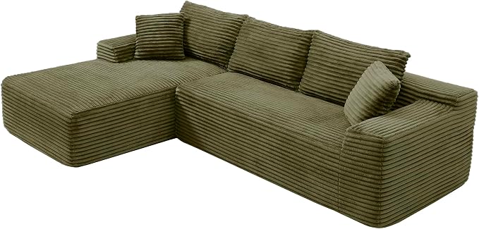 105-Inch L-Shaped Left Facing Corner Compressed Sofa Modular Sectional Boneless Cloud Sofa Floor Foam Couch with Chaise Lounge, Corduroy Corner Boneless Cloud Couch