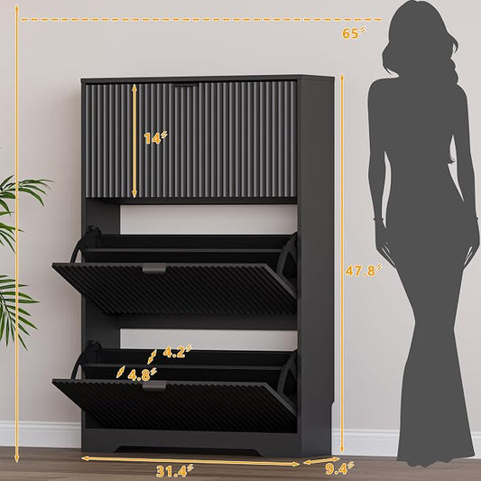 BORNOON Entryway Shoe Cabinet with 3 Flip Drawers, Narrow Shoe Organizer Cabinet with Fluted Panel and Adjustable Shelves for Foyer, Hallway