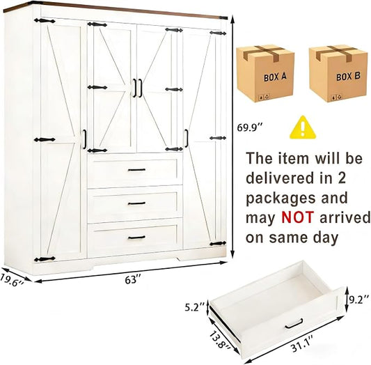 4 Doors Wardrobe Armoire Closet with Drawers, Farmhouse Wooden Armoire Storage Cabinet with Adjustable Shelves & Hanging Rod, 70" Freestanding Clothing Storage Cabinet for Bedroom, White