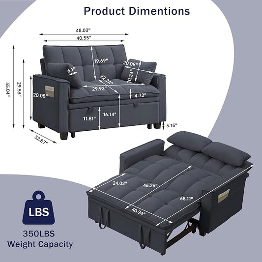 Sleeper Sofa with Pull Out Couch Bed, 48.43" Convertible Pull-Out Sofa Bed Chair, 3-in-1 Futon Couch with Reclining Backrest and Side Pockets for Living Room Bedroom Apartment, Dark Grey