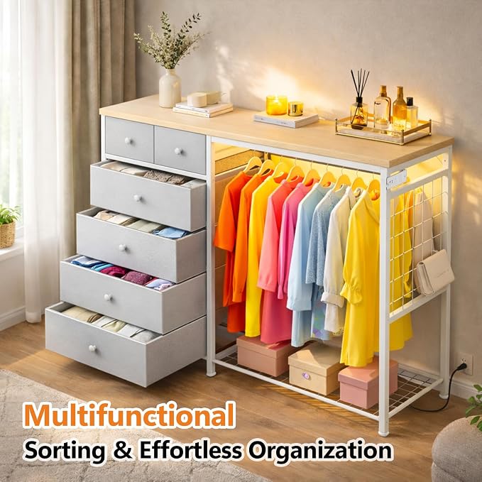 Simple Deluxe Storage Clothes Rack with 6 Drawers, Charging Station & LED Lights, Fabric Chest Shelves Clothing Rack, Wooden Portable Wardrobe Closet, 49.2" W x 15.7" D x 47.2" H, Silver