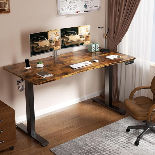 Veken Standing Desk 55 x 28 Inch, Sit to Stand Up, Work Home Office Computer Table for Study, Walking Pad, Writing, and Games, Wooden Desktop Desks, Brown