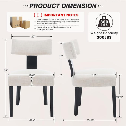 HNY Mid Century Modern Farmhouse Dining Chairs Set of 6, Linen Upholstered Accent Curved Backrest Kitchen Chairs, with Black Hardwood Frame, Beige
