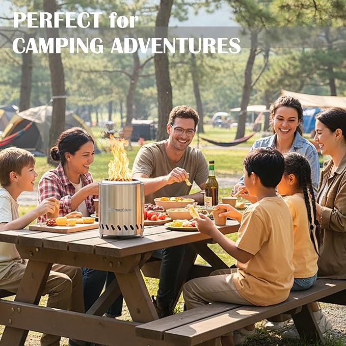 9.7 x 7.1 Inch Tabletop Fire Pit by AmazStove, Low Smoke Camping Stove for Outdoor Safe Burning Firepits, Fueled Pellets or Wood, Travel Bag Included (Silver, 9.7 x 7.1 INCH)