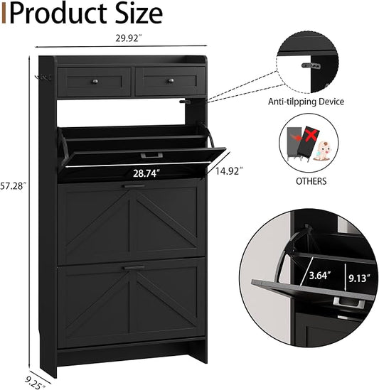 Shoe Cabinet with 3 Flip Drawers & 2 Top Drawers, 57" Tall Freestanding Narrow Wooden Shoe Storage Organizer for Entryway, Hidden Slim Shoe Rack for Front Door Entrance, Hallway, Living Room, Black