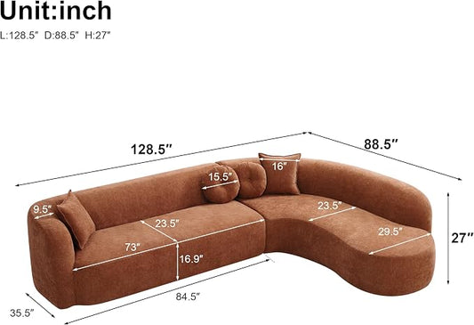 Curved Sectional Sofa with Chaise, 128" Oversized Cloud Couch, Chenille Fabric, High-Density Foam, Deep Seating, No Assembly, L-Shaped Sectional, Modern Living Room Sofa, Burnt Orange