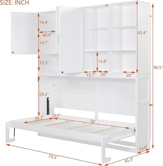 Ball & Cast Murphy Bed Twin Bed Frame with Top Cabinet,Hideaway Bedframe w/Shelves and Dual-Piston Metal Folding Mechanism,Space Saving Foldable Bed w/Light & USB,for Small Room,White