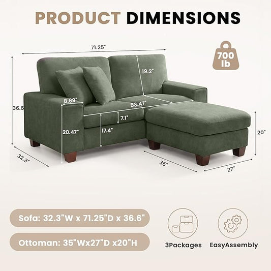 DOPEDIO L-Shaped Sectional Sofa with Storage Ottoman, Modern Chenille Recliner Loveseat, Removable Couch Covers, Pocket Spring Cushions, Solid Wood Frame, Easy to Install (71.25inch, Green)