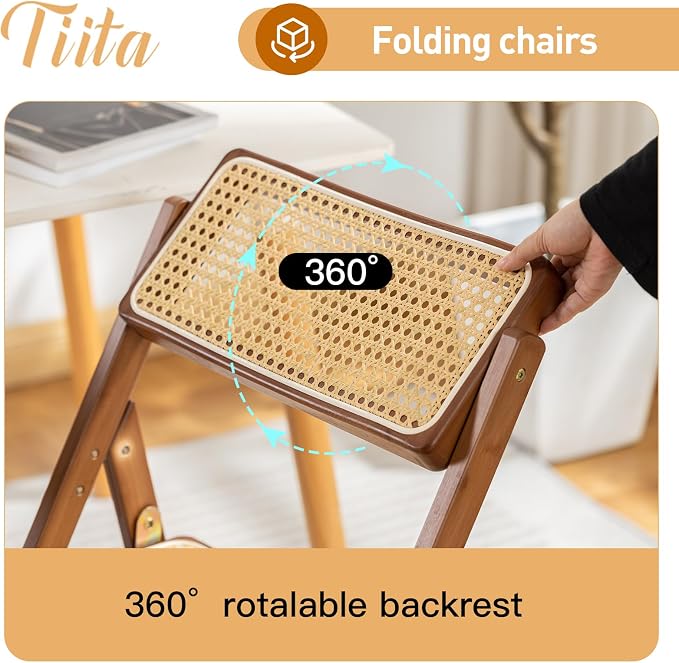 Tiita Rattan Dining Chairs Set of 1, Mid Century Modern Folding Chair, Bamboo Folding Dining Chairs for Small Space, Dining Room, Living Room, Bedroom, Walnut