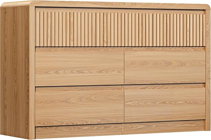 LYNSOM 7 Drawer Dresser for Bedroom, 50" Wide Fluted Dresser with Curved Corners, Wood Dressers & Chests of Drawers with Dual-Panel Design for Bedroom, Entryway, Oak