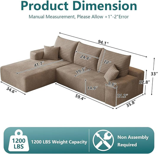 95" Modular Sectional Couch, Boneless L Shaped Cloud Sofa with Chaise Lounge, Corduroy Upholstered Couches Memory Foam Deep Seat, No Assembly Required, Ideal for Living Room(Camel, Left Facing)