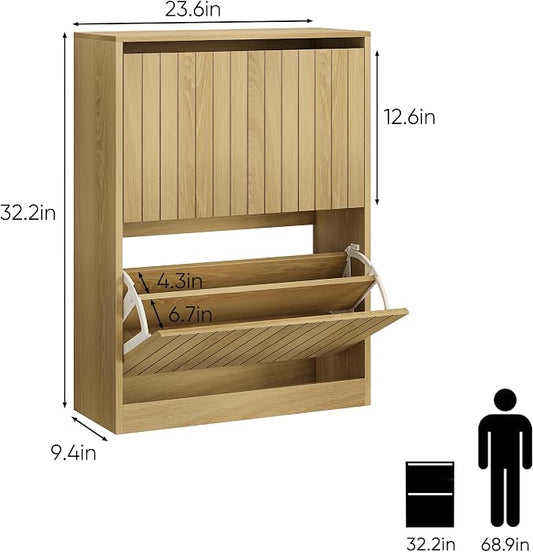 Shoe Storage Cabinet with Vertical Groove Doors 2 Flip Drawers, Narrow Shoe Cabinet Storage for Entryway, Freestanding Shoe Organizer Cabinet, Slim Shoe Rack Cabinet (Natural Oak Grain)