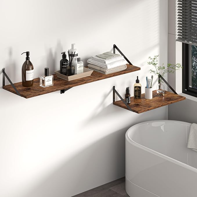 Heimlove Deep Floating Shelves for Wall, 44W x 12D Wood Wall Shelves Set of 2, Wide Floating Bookshelf for Living Room, Kitchen, Office, Bedroom and Decor Storage, with Metal Bracket - Rustic Brown