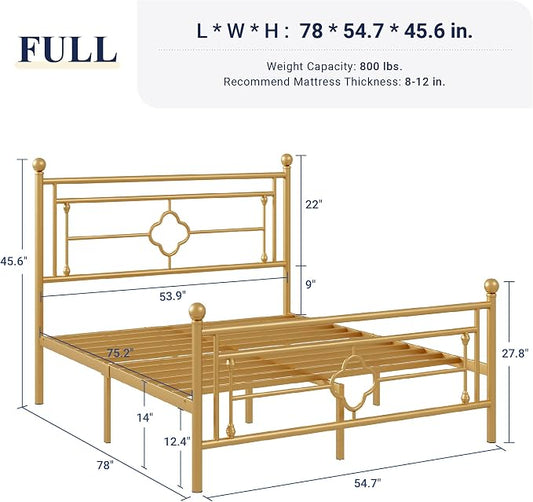 Allewie Full Size Metal Platform Bed Frame with Victorian Vintage Headboard and Footboard/Mattress Foundation/Under Bed Storage/No Box Spring Needed/Noise-Free/Easy Assembly, Gold