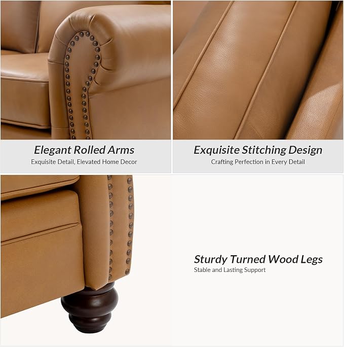 60" Wide Genuine Leather Chesterfield Loveseat, 2 Seat Leather Sofa with Rolled Arms, Nailhead Trim for Living Room Furniture, Easy Assembly – Camel