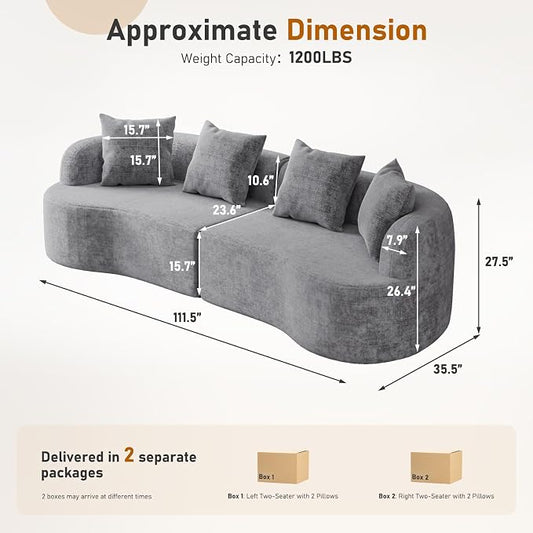 Furnimart 112" Curved Couches for Living Room, Modern Chenille 4-Seater Sectional Sofa Deep Seat with 4 Throw Pillows, Plush Modular Couch, No Assembly Needed, Dark Grey