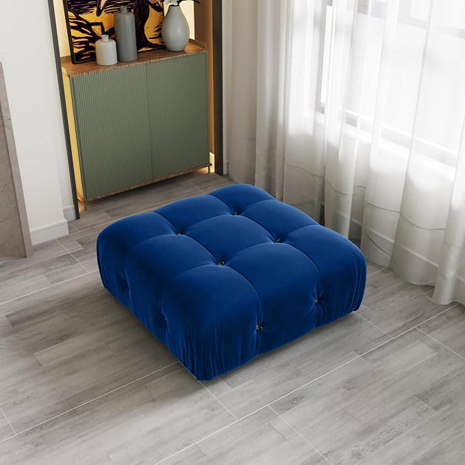 Modern Velvet Sectional Sofa, L Shape Minimalist Modular 4-Seater Sofa for Living Room Office Apartment (Ottoman/Blue)
