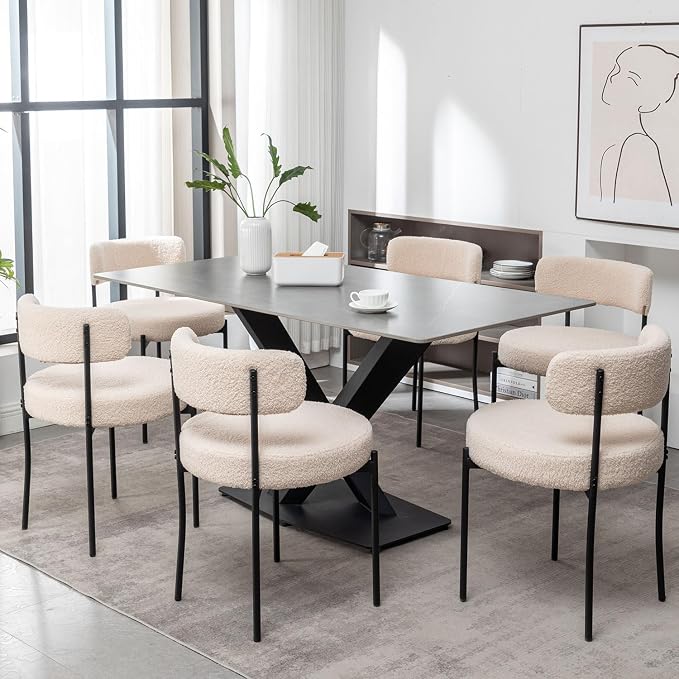 Cinxzar Boucle Dining Chairs Set of 2, Upholstered Dining Room Chairs with Black Metal Legs, Round Modern Dining Chair for Dining Room, Kitchen