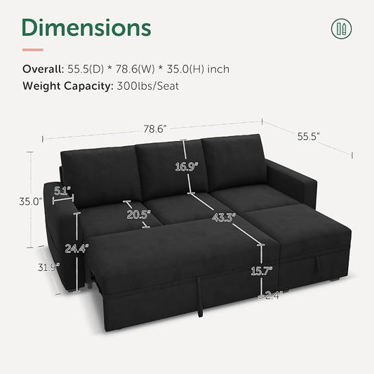 HONBAY Modular Sectional Sleeper Sofa with Pull Out Bed, L Shaped Couch with Storage Seat, Modular Sectional Couches for Living Room - Black