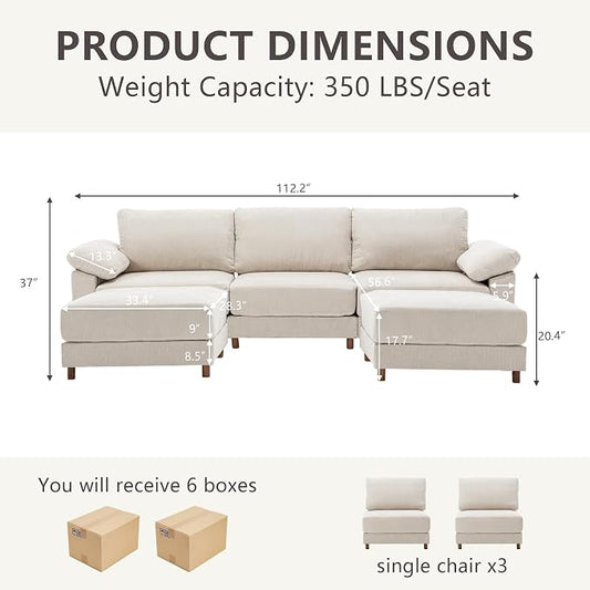 Oversized Modular Cloud Couch with Removable Washable Cover, U -Shaped Sectional for Large Living Room, Plush Chenille & Deep Seat(Beige)