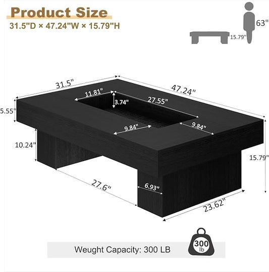 LVB Black Coffee Table, Modern Wood Led Living Room Table with Storage, Unique Large Wide Rectangle Center Table with LED Light, Contemporary low Tea Table for Bedroom Home Office, 47.24 In, Black Oak