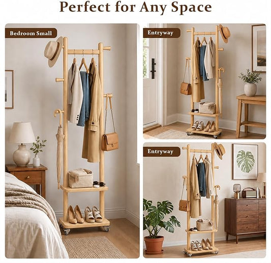Solid Wood Coat Rack Freestanding Clothing Rack with Wheels & 2 Shelves Storage & 5 Hooks Heavy Duty Clothes Rack Wood Coat Tree Stand Hat Hanger Rack for Corner Bedroom Entryway Living Room Hotel