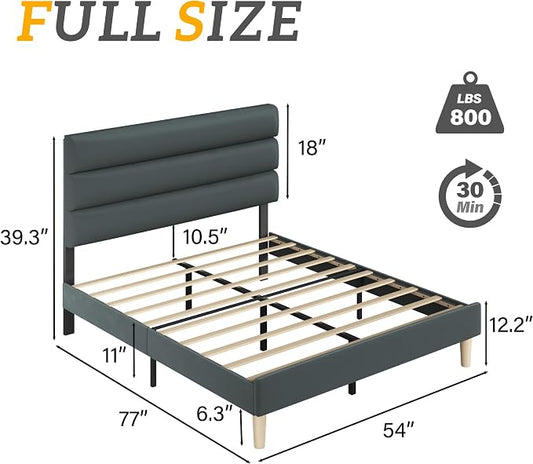 Fluest Full Bed Frame, Platform Bed Frame with Velvet Upholstered Headboard, No Box Spring Needed, Sturdy Metal Support, Noise Free, Easy Assembly, Modern Bedroom Furniture, Grey