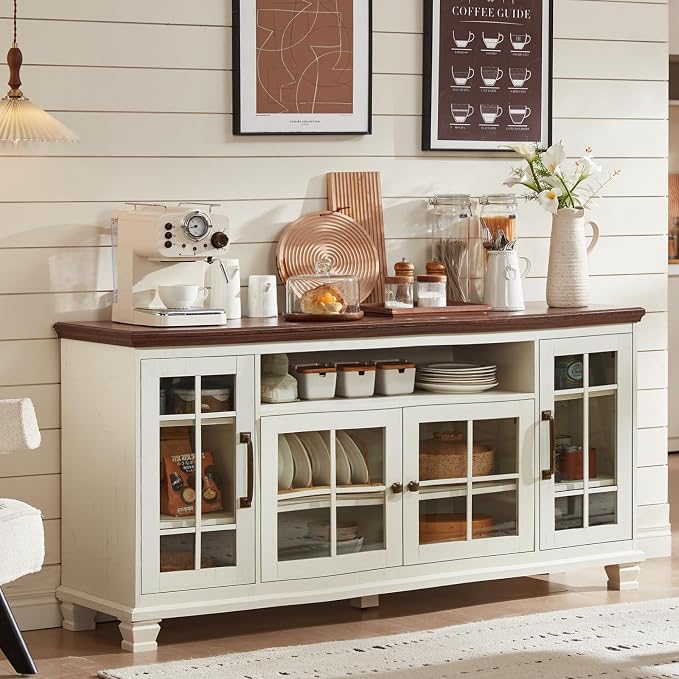 SAVOR LIFE Large Sideboard Buffet Cabinet with Storage,Vintage White Farmhouse 60" Wide Sideboard Cabinets with Glass Doors & Wood Legs,Kitchen Coffee Bar Credenza for Dining Room, Living Room