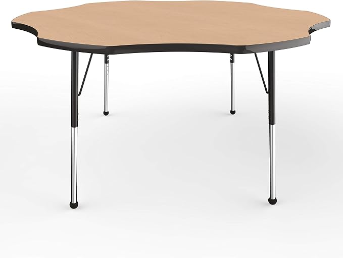 FDP Flower Activity School and Office Table (60 inch), Standard Legs with Ball Glides for Collaborative Seating Environments, Adjustable Height 19-30 inches - Maple Top and Black Edge