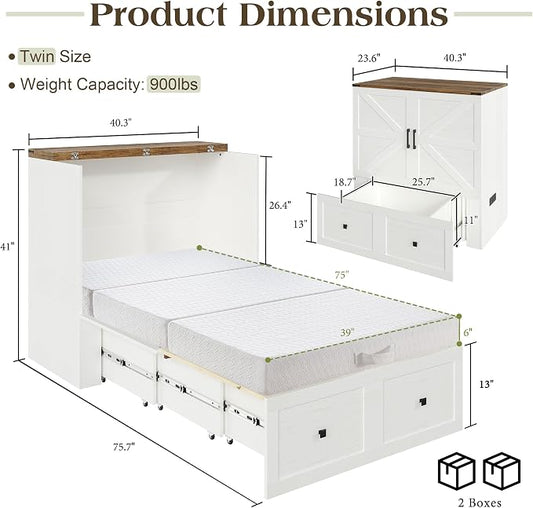 LUXOAK Twin Murphy Bed with 6" Tri-Fold Memory Foam Mattress, Storage Drawer & Charging Station, Space-Saving Design for Home Office or Guest Room, White