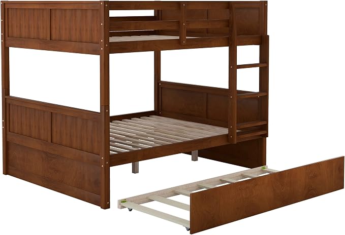 Bellemave Bunk beds Full Over Full with Twin Size Trundle, Low bunk Bed for Kids Adults and Teenagers,Walnut