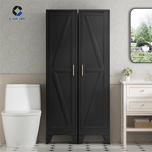 COFaR 67'' Tall Narrow Bathroom Storage Cabinet, Metal Farmhouse Skinny Pantry Cabinet with 4 Adjustable Shelves and One Door, Slim Cabinet Storage for Kitchen Garage, 5-Tier Black